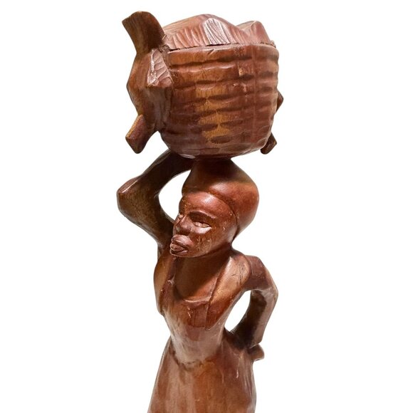 Hand-Carved Wooden African Woman Figurine with Basket Decor - Picture 8 of 10